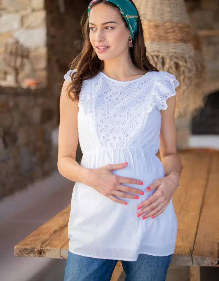 Seraphine Haut grossesse et allaitement broderie Anglaise en coton | < Hauts