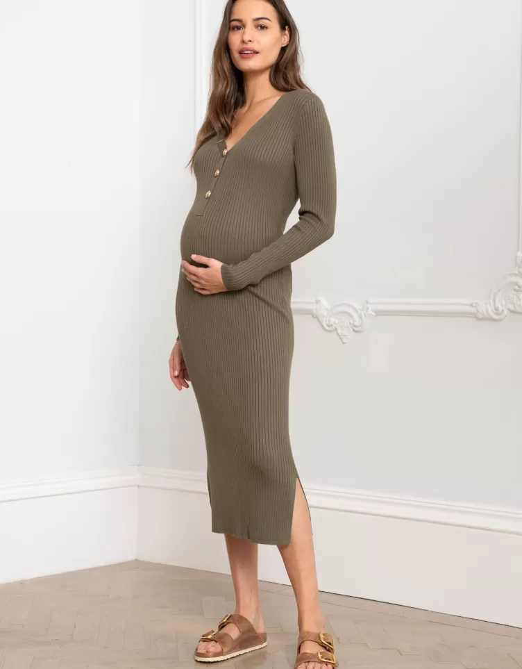 Seraphine Khaki - Robe midi de maternité en tricot côtelé | < Robes