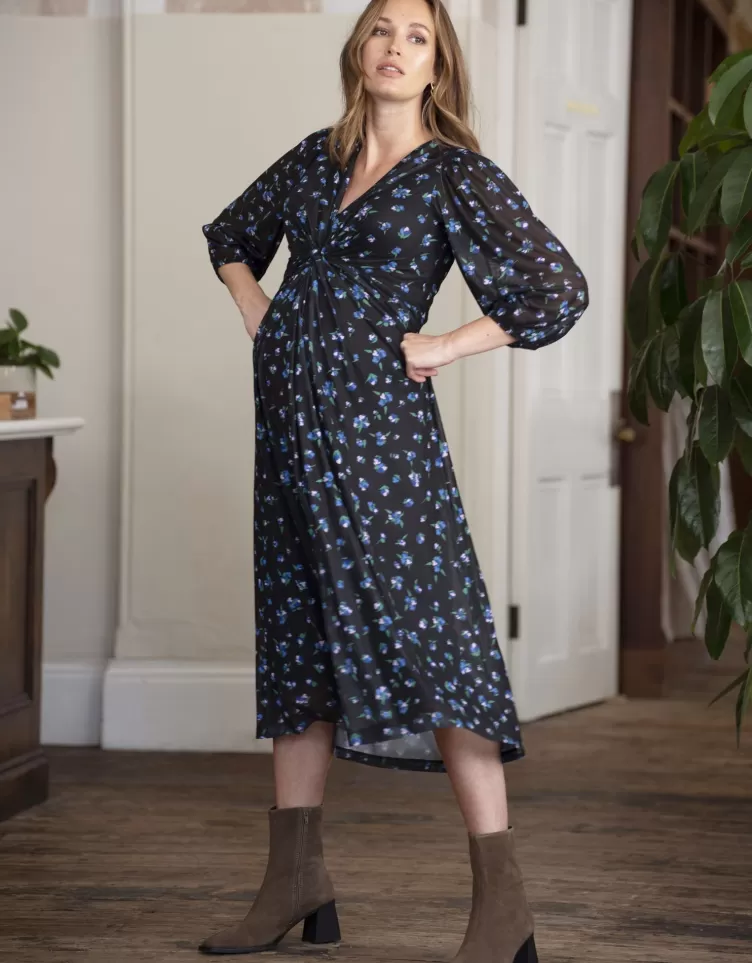 Seraphine Robe de grossesse mi-longue noire à motif floral | < Robes