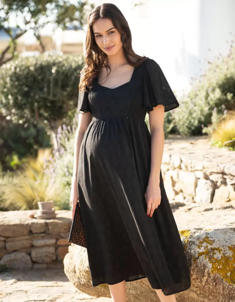 Seraphine Robe grossesse et allaitement en coton brodée noire | < Vêtements d'allaitement | Robes