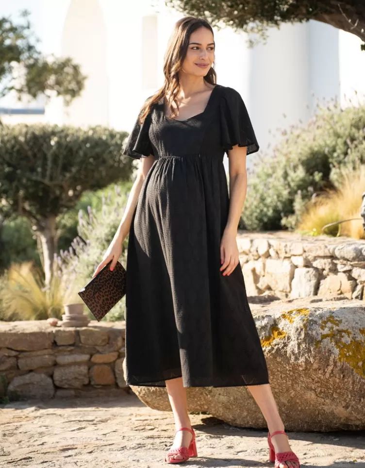 Seraphine Robe grossesse et allaitement en coton brodée noire | < Vêtements d'allaitement | Robes